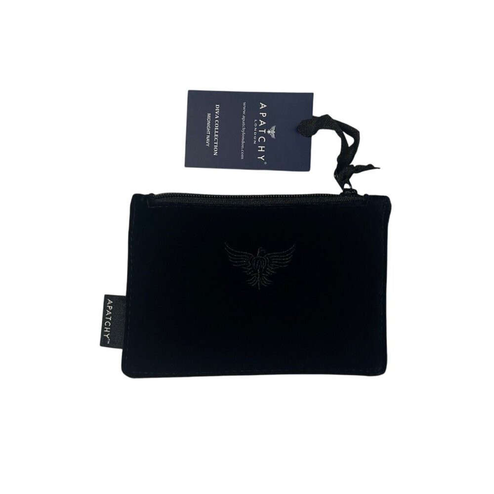 Apatchy London Small Black Velvet Coin Purse With Embroidered Logo & Zipper Clos